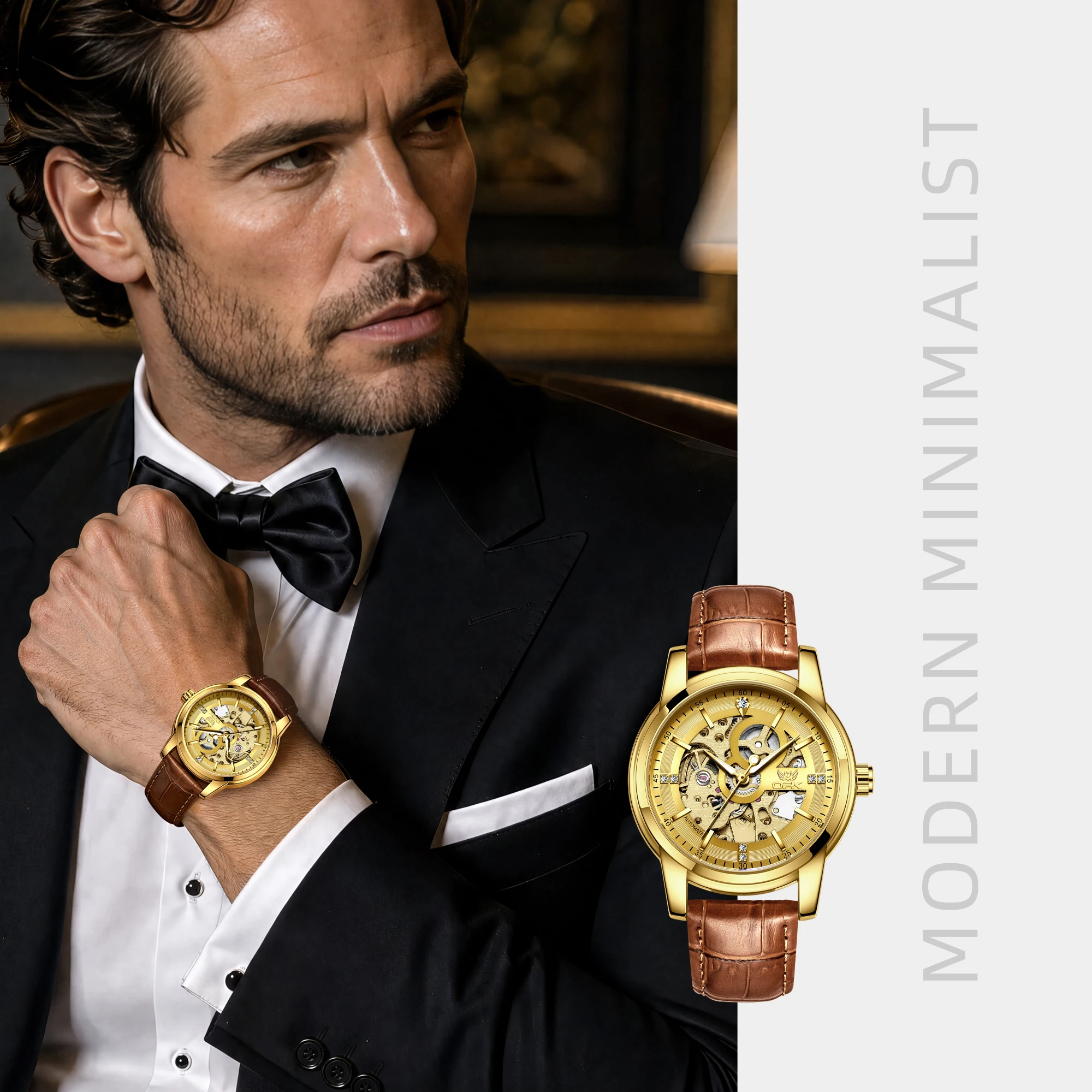 OPK 6101 Skeleton Men's Mechanical Wristwatch Leather Strap Luminous Classic Original Automatic Gold Man Watch