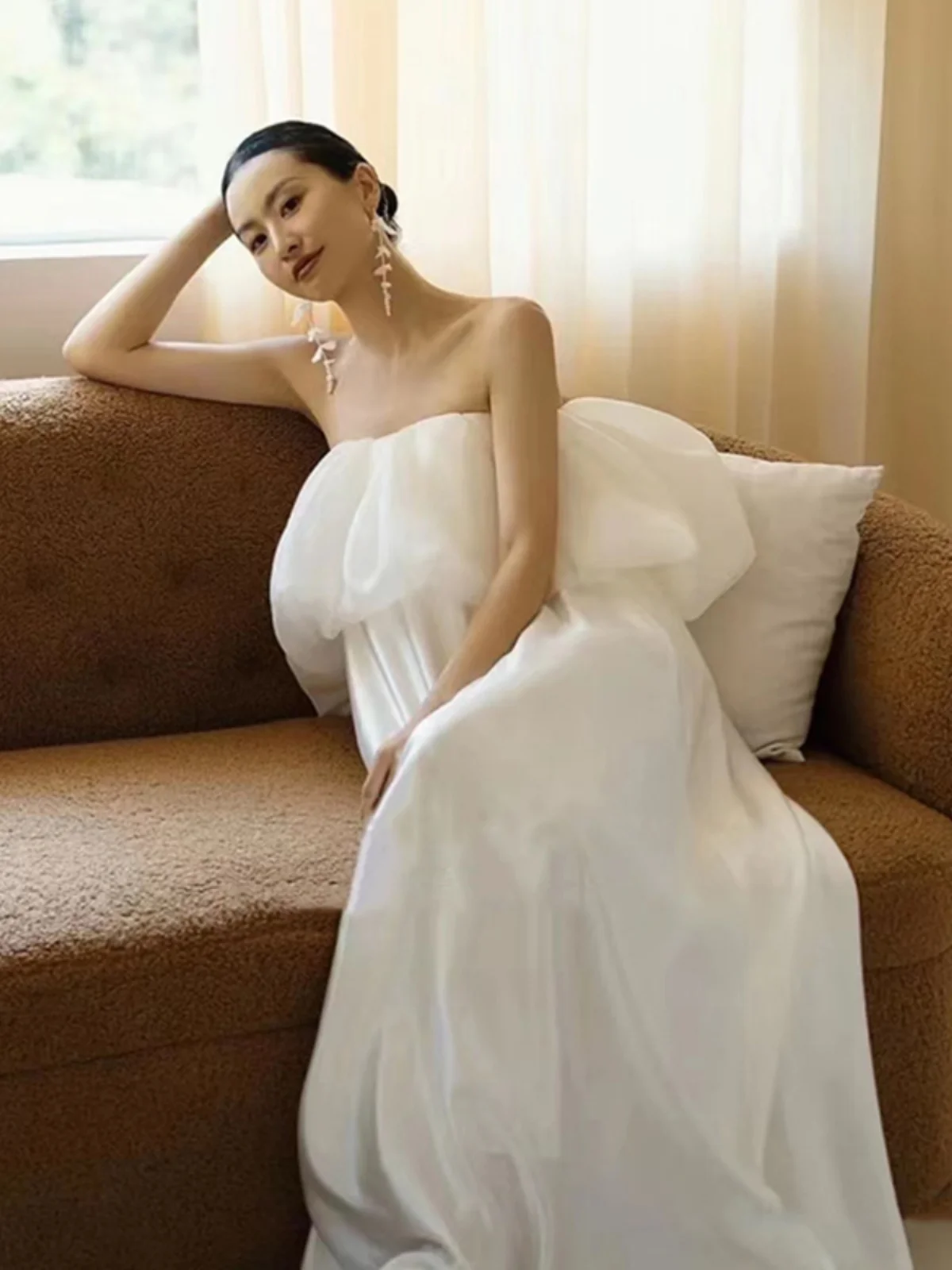 

White Satin High Waist Bridesmaid Morning Robe Evening Gown for Pregnant Women Wedding Dres Long Skirt Floor Length