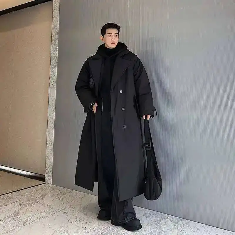 Winter Oversize Silhouette Thickened Double Breasted Long Cotton Coat Solid Color Male Tops Solid Color Casual CFD45