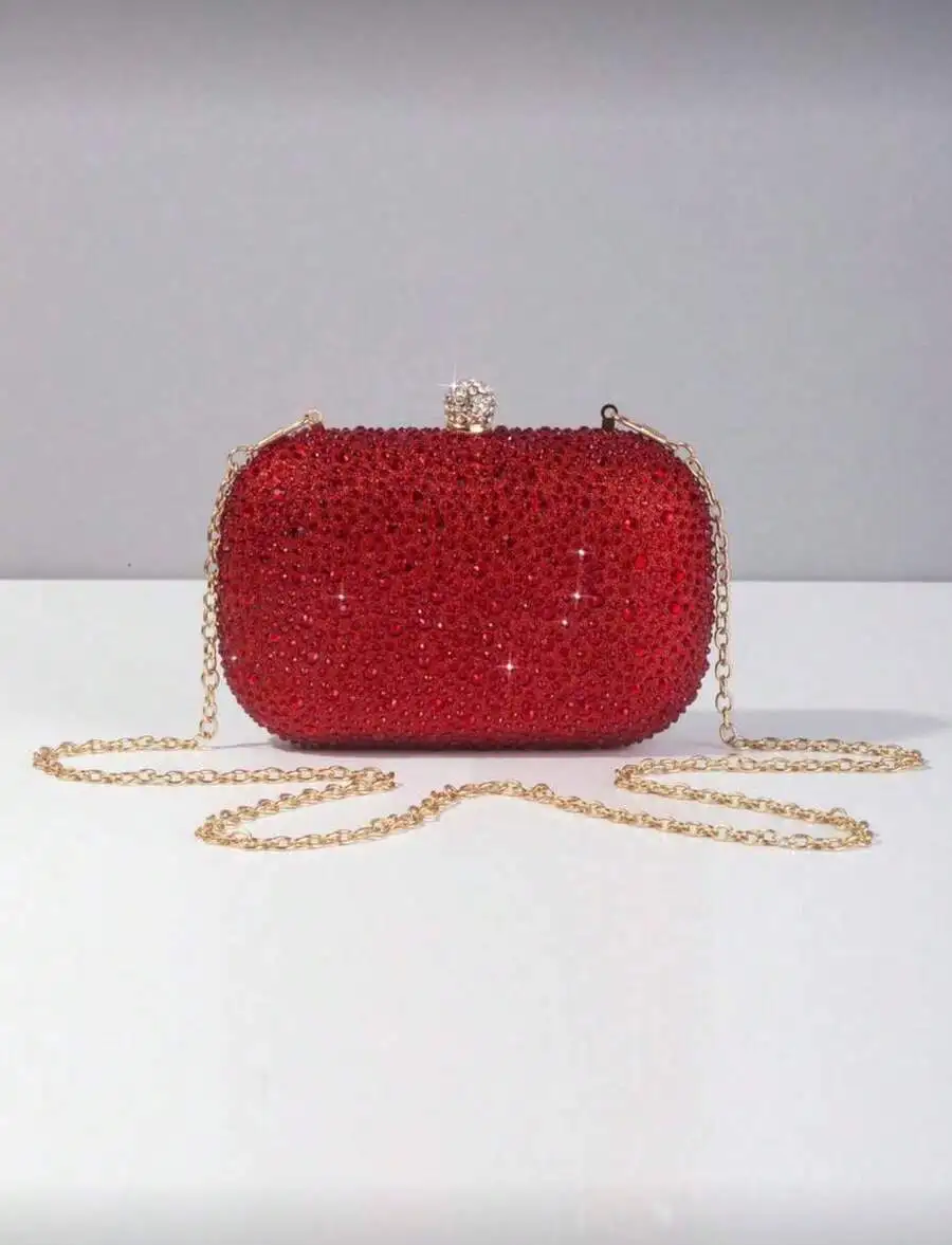 

Red Rhinestone Clutch Bag With Metal Chain Strap Evening Purse For Women