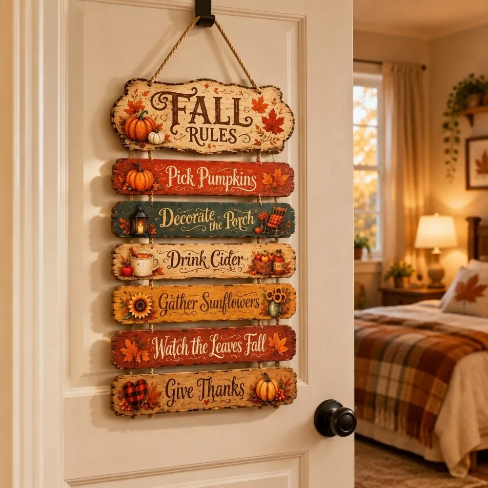 2D Flat Autumn Harvest Sign Decorative Halloween Fall Rules Wood Plaque Wall Art Ornaments Pumpkin Maple Hanging Decor