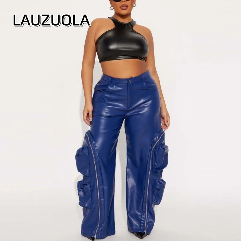 Casual PU Leather Multiple Zipper Pocket Cargo Pants 2026 New Fashion Elegant Harajuku High Waist Baggy Trousers Women
