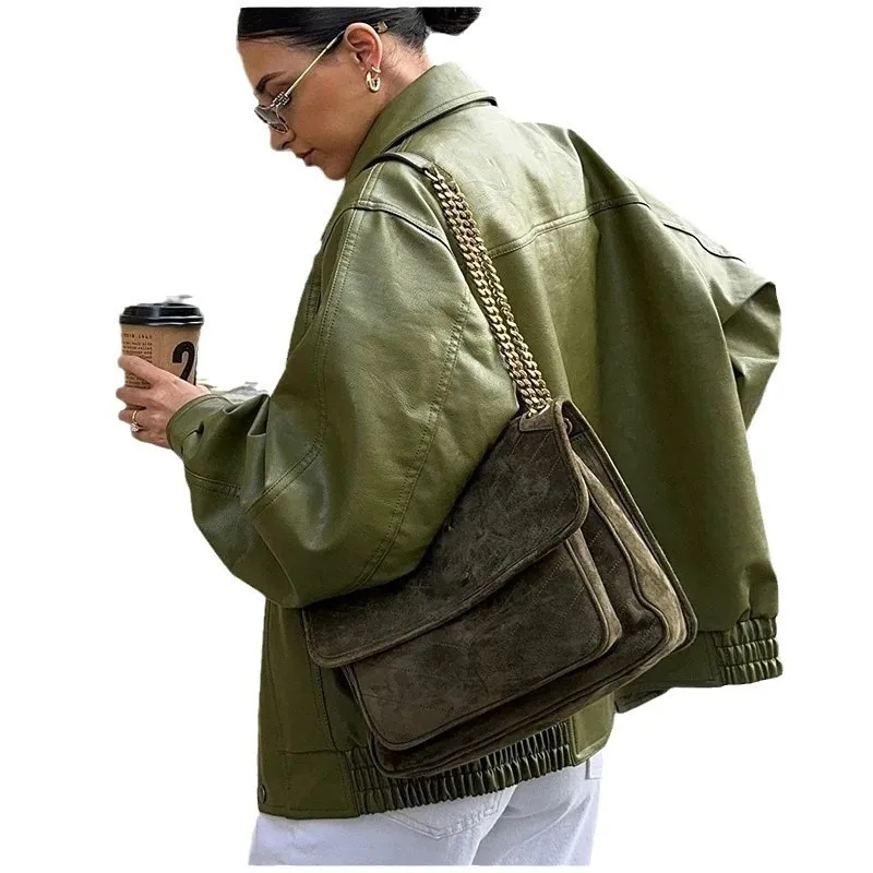 ファッショングリーンレザースリーブルーズジャケット女性用シックなラペルジッパー付きクロップドショートコート2024新作レディースカジュアルハイストリートアウターウェア