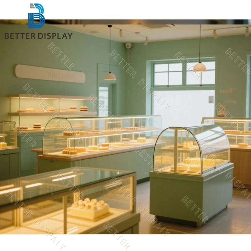 custom.Modern Bakery Furniture Custom Multi-Level Cake Display Counter Glass Bakery Display Showcase Bakery Shop Interior De