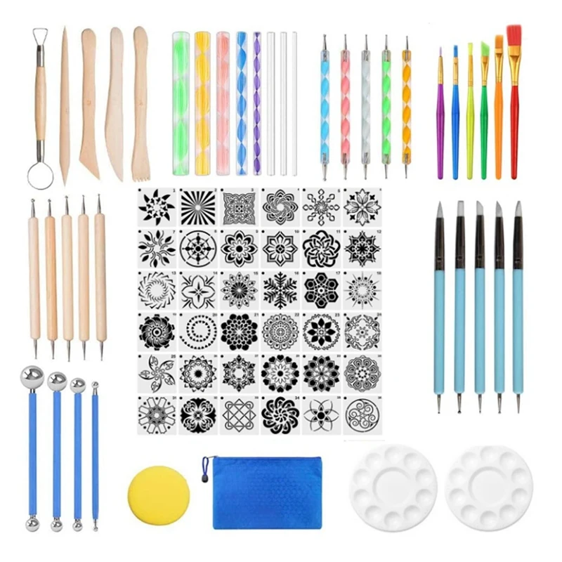 AT69 -Mandala Dotting Tools, 78Pcs Mandalas Painting Stencil Kits Pen Dotting Tools Brushes Mandala Stencil Ball Paint Tray