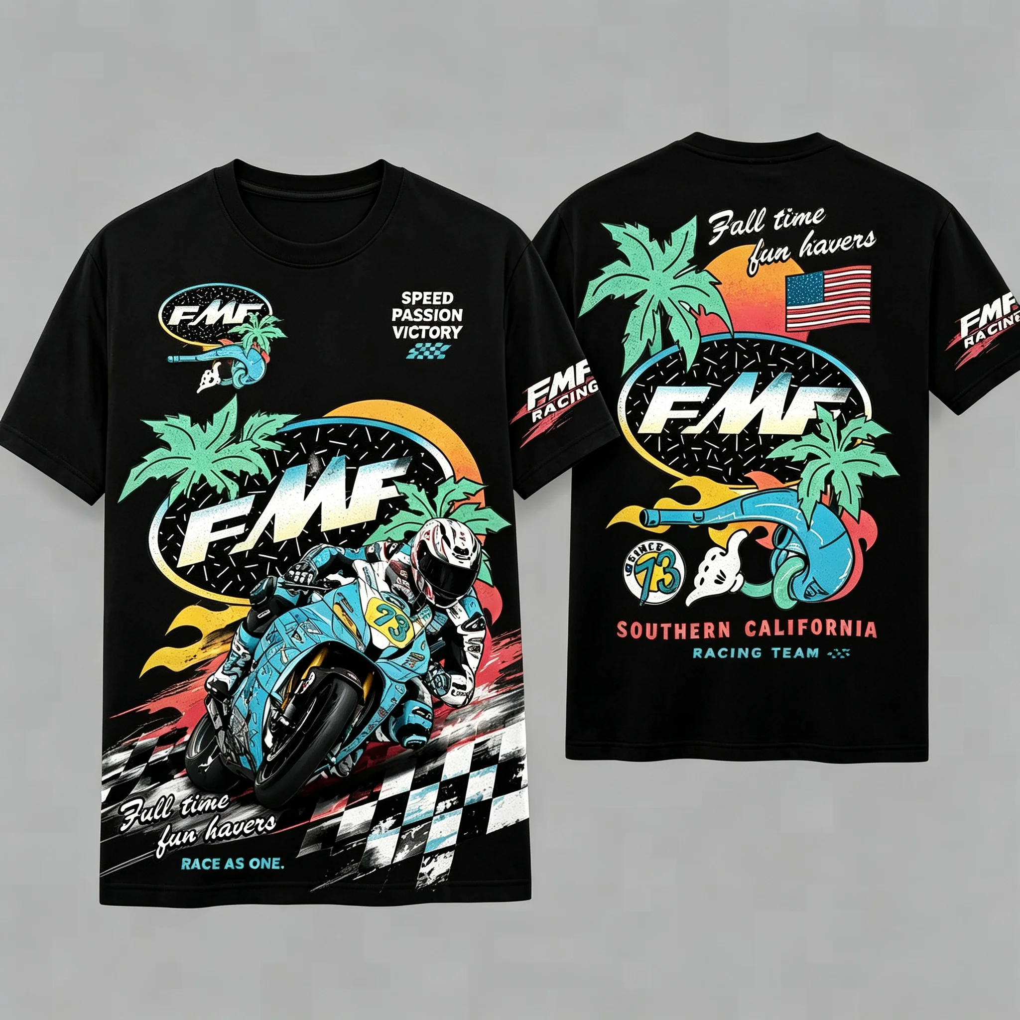 2026 Summer Oversized Cotton T‑Shirt For Adults Kids Retro Moto Racer Palm Tree Sunset Double Sided Print Short Sleeve Tee