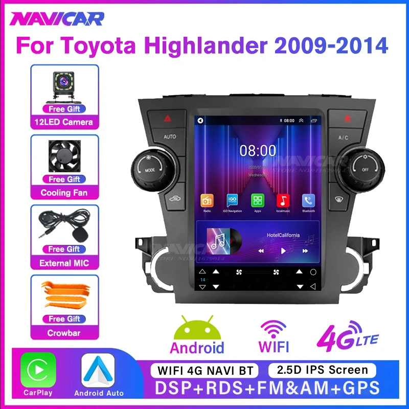 NAVICAR Car Radio Android10 For Toyota Highlander 2 XU40 2009-2014 Car Radio Tesla Style Screen GPS Navigation Carplay Headunit