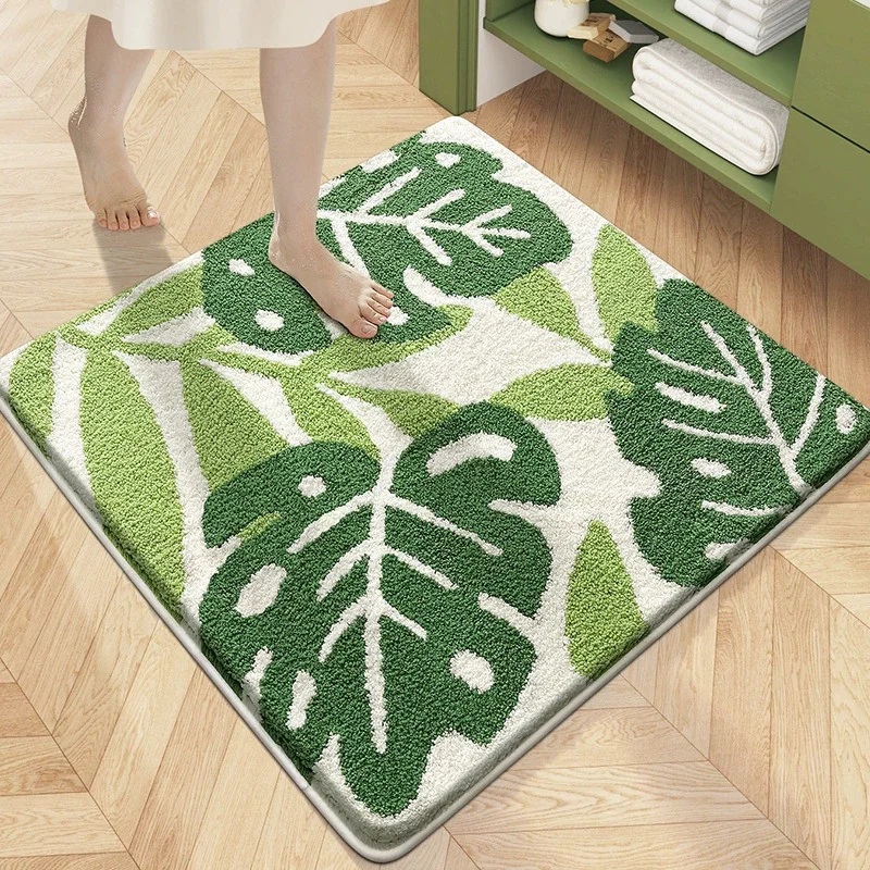 Square Tufted Bathroom Rug Floral Plant Carpet for Bedroom Living Room Non Slip Floor Mat Thicken Foot Pad Bath Mat Home Decor