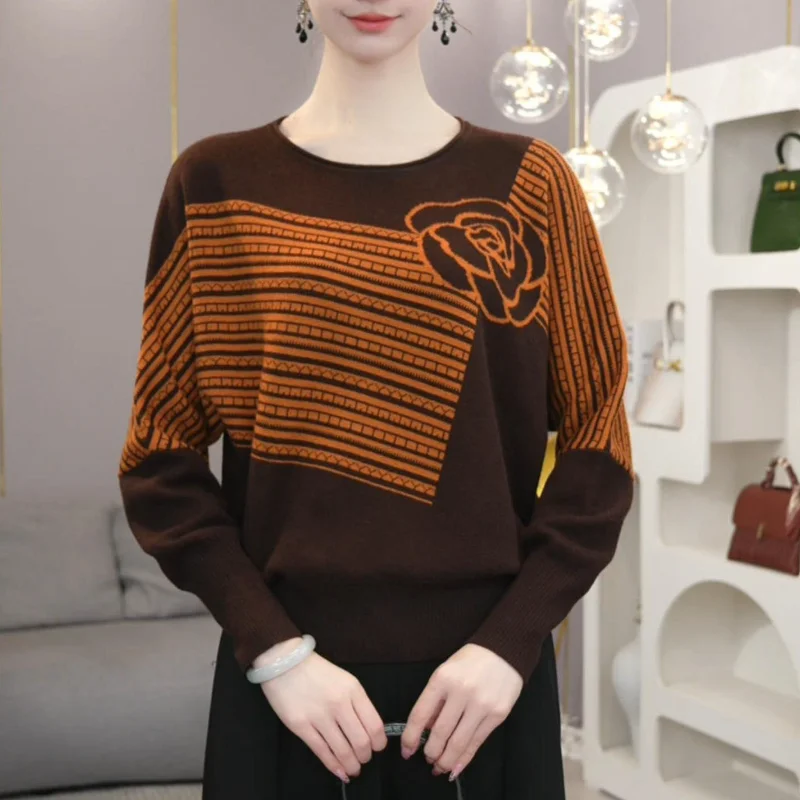 

Fashionable Color-blocked Jacquard Sweater Autumn Winter Tops New Temperament Versatile Loose Base Sweater
