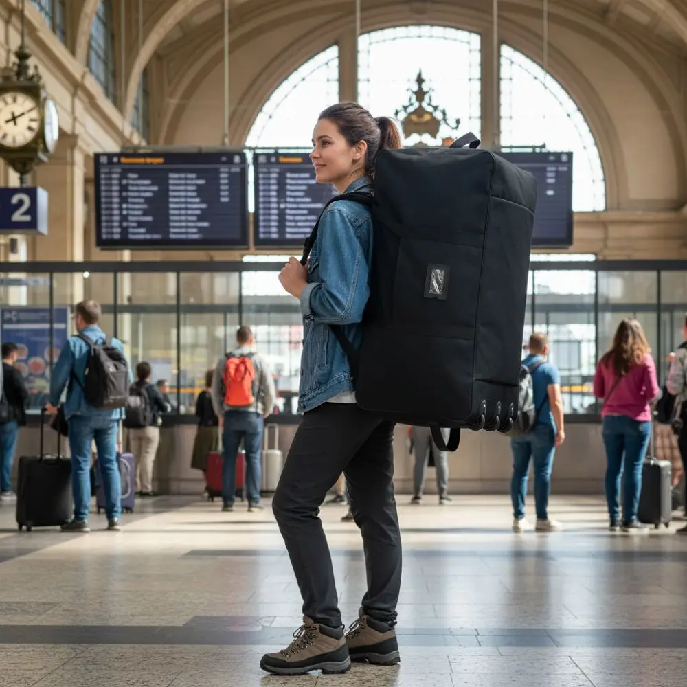 

Foldable Weekend Travel Bag Large Capacity Waterproof Trolley Backpack with Detachable Wheels Multiple Compartments