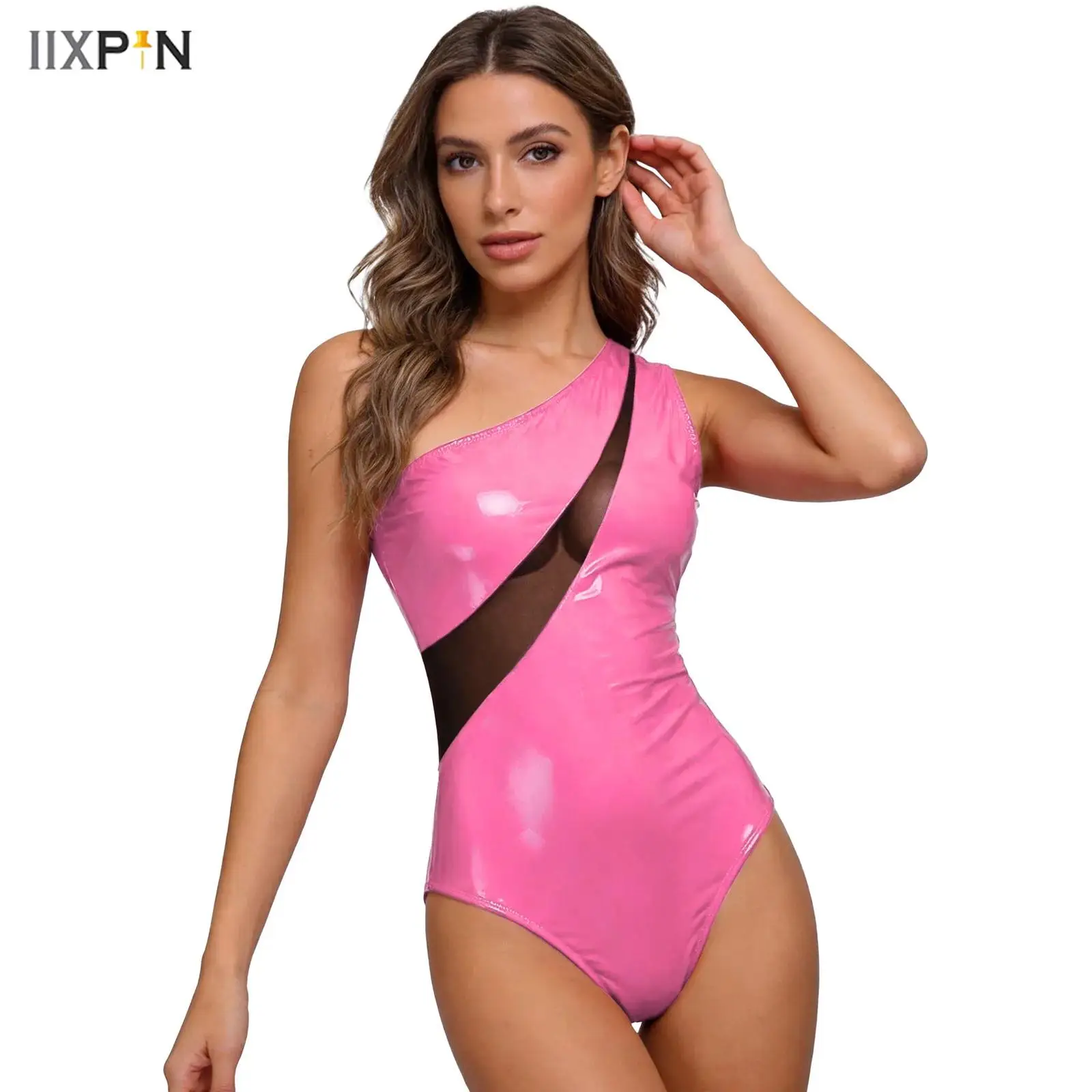 Women Patent Leather Bodysuit Sleeveless Sheer Mesh Patchwork Side Zipper Color-blocked Leotard for Club Party Dance Performance