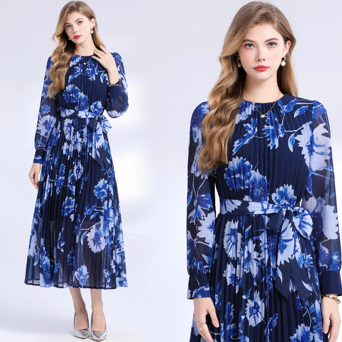 Ele round Ne A-Line Dr مع حزام الخصر طويل Sve مطبوع ماكسي Dr للارتداء غير الرسمي ألياف البوليستر عالية الخصر #4