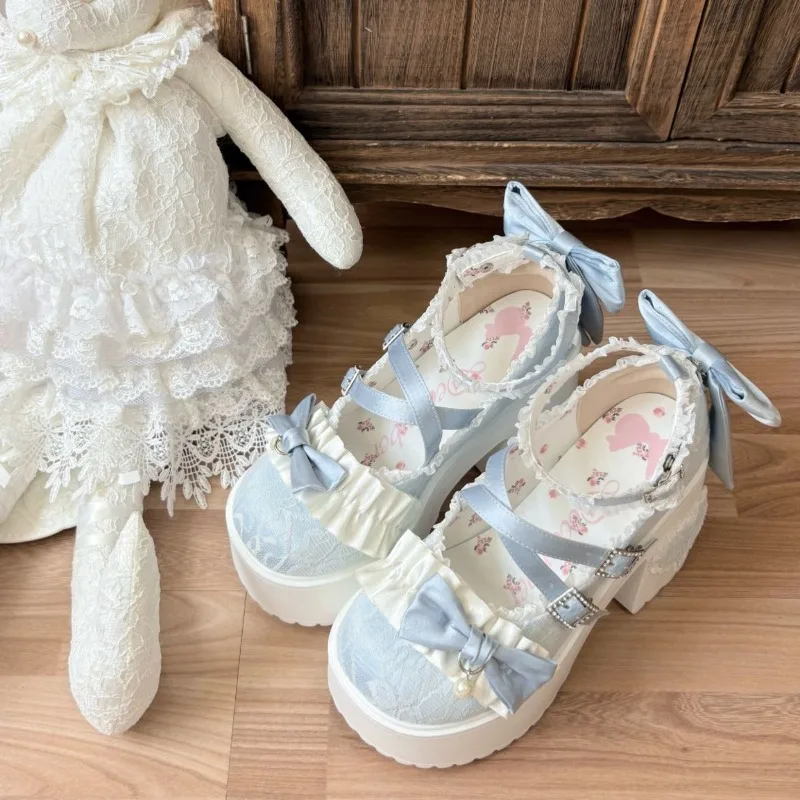 

Womens Lolita Shoes Sweet Cute Bow Lace-edged JK Skirt Shoes Fashion Thick Heeled Mary Jane Shoes Japanese JK Lolita Coslay Shoe