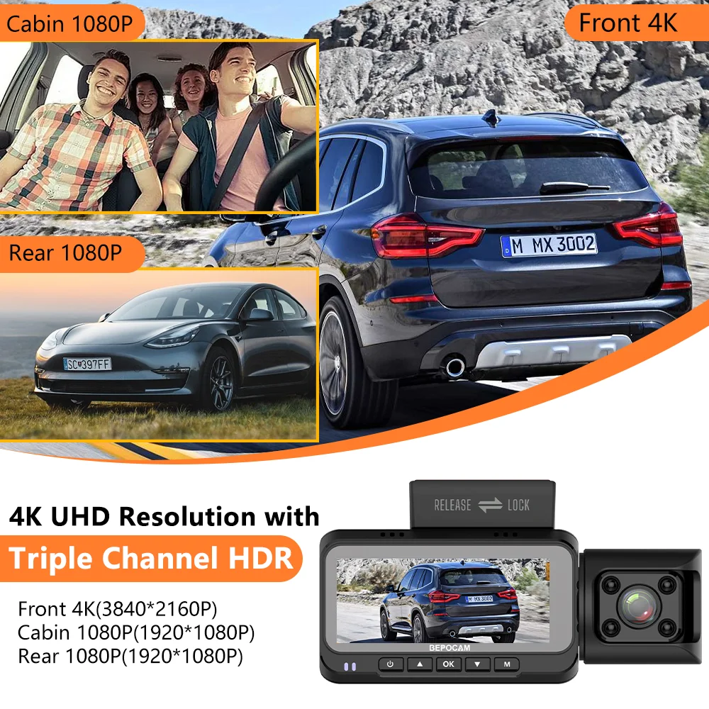 BEPOCAM 4K Dash Cam 3 Lens Dash Camera Built-In GPS Wifi 24H Parking Monitor Night Vision 5G Car DVR Dashcam APP Control ZD80