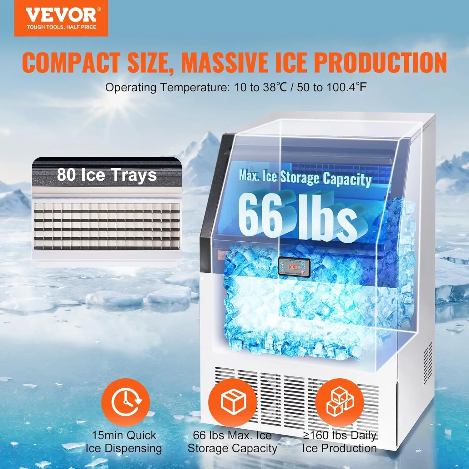 Commercial Ice Maker, 160lbs/24H  Ice Maker Machine 80 Ice Cubes in 12-15 Minutes