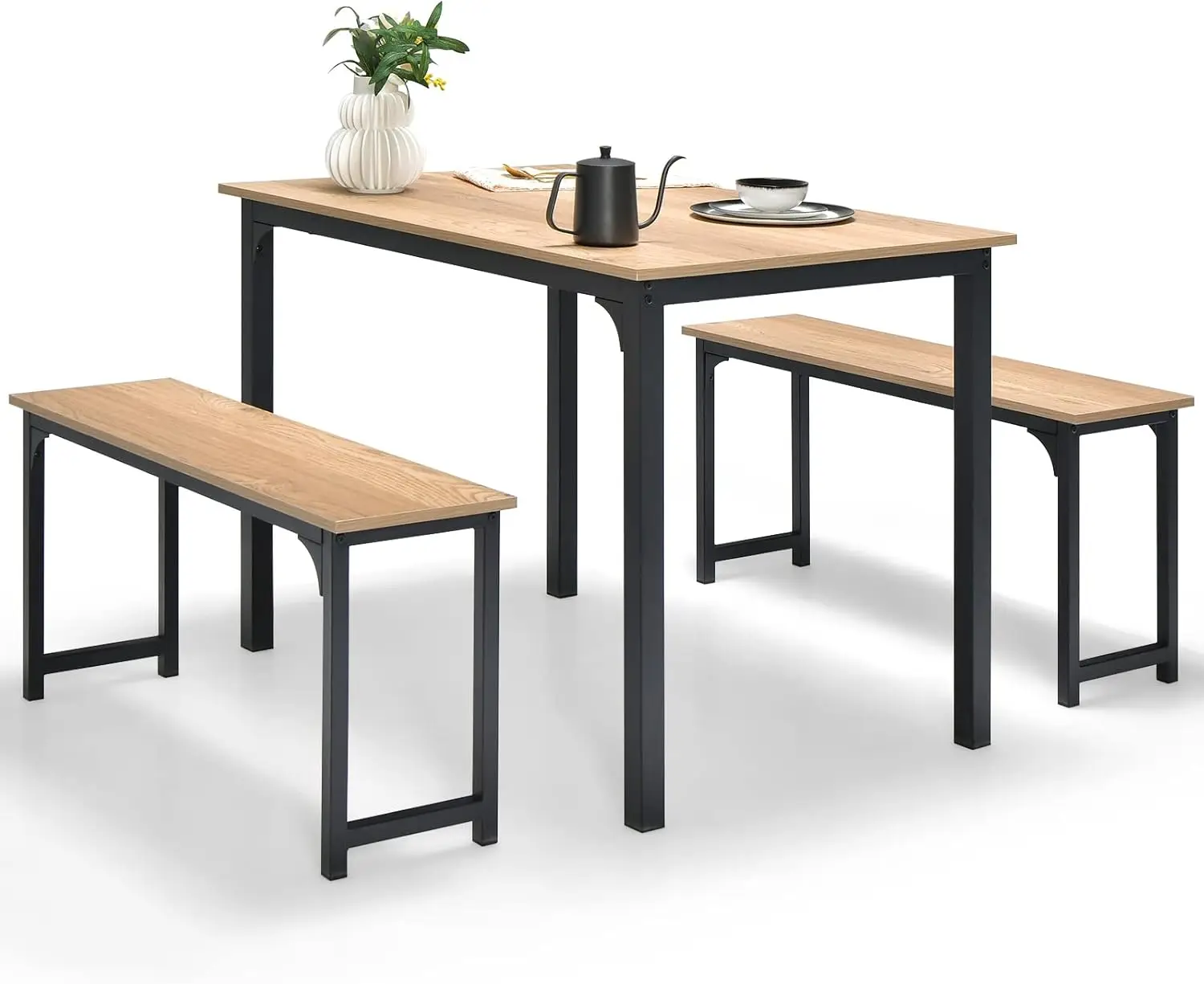 Giantex Dining Table Set For 4, Industrial Kitchen Table Set W/ 2 Benches, Space-Saving Dinette Set For Breakfast Nook, Dining