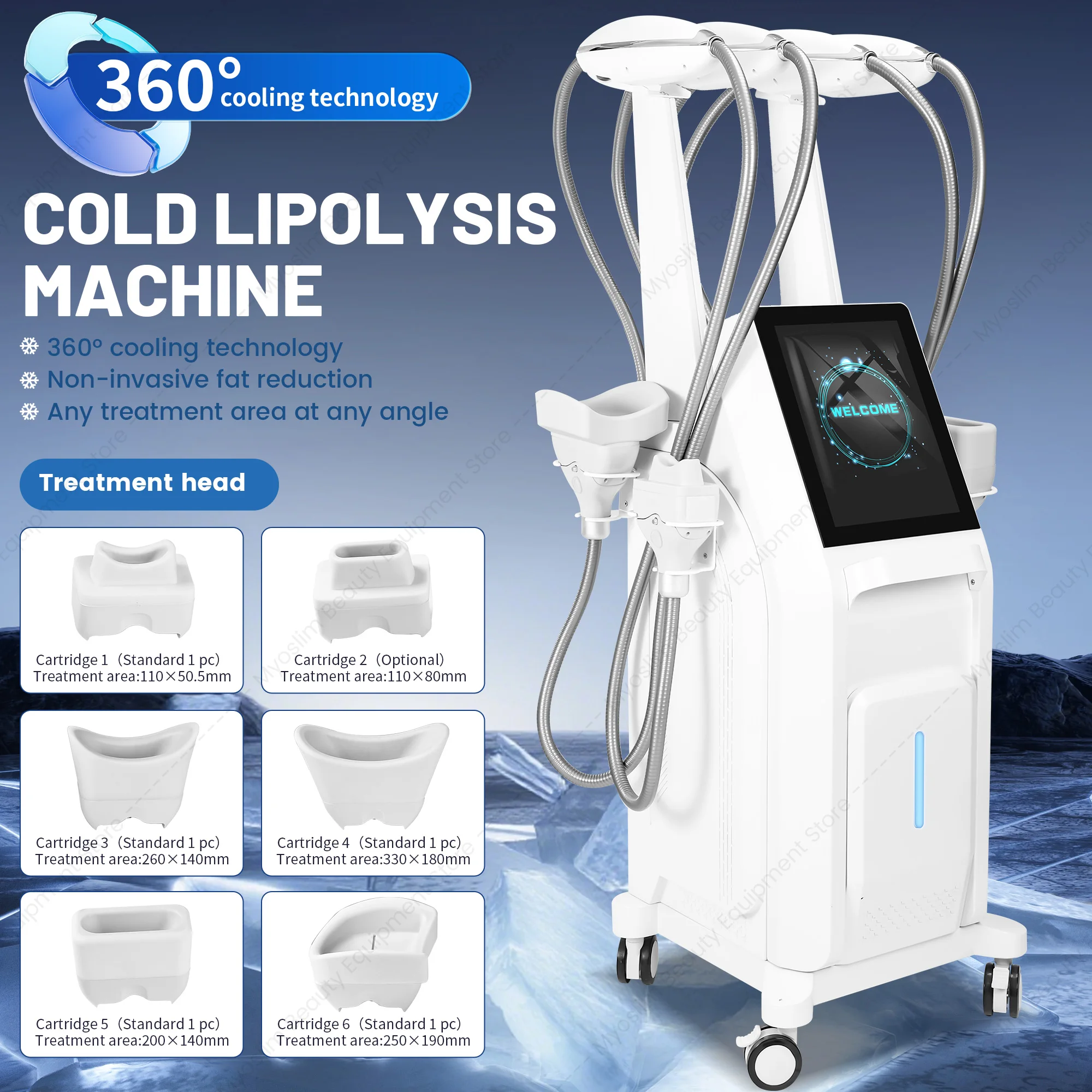 Fat Freezing Machine Cryo Body Contouring Device 4 Independent Handles 360° Cooling for Abdomen Waist Thighs Double Chin