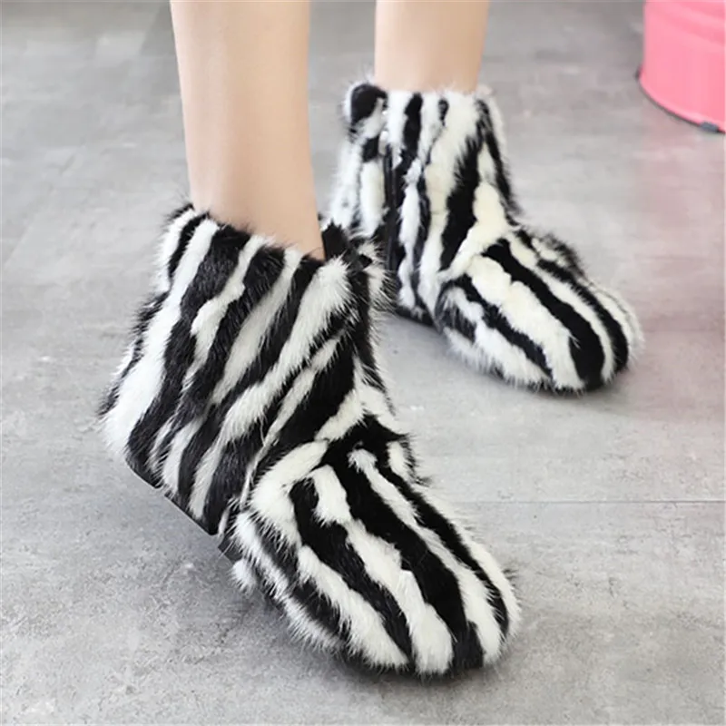 

Black White Stripe Women Ankle Boots Winter Warm Furry Short Booties Real Mink Fur Snow Boot Flat Platform Shoes Woman