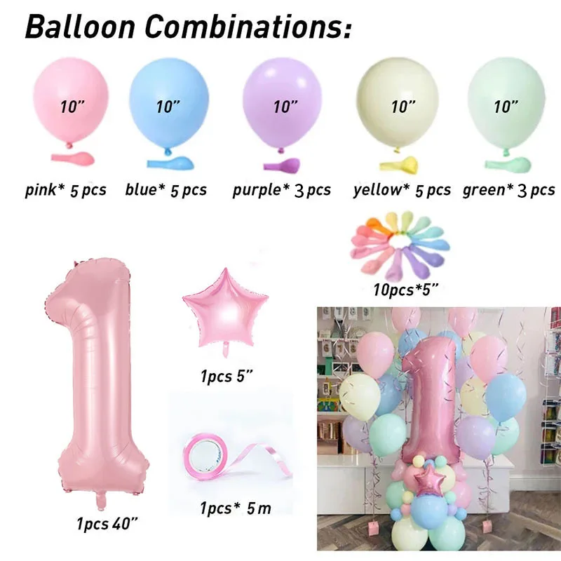 34pcs Pink 40inch Number Foil Balloons 1st Happy Birthday Party Decorations Kids Girl Baby First One Year Old Macaron Supplies