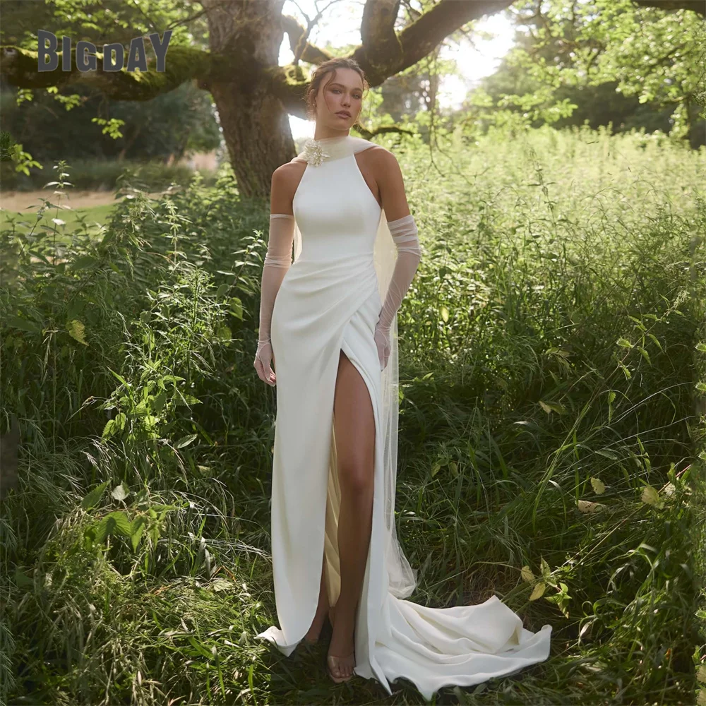 BIGDAY Abito da sposa sexy a sirena con pieghe Halter Fiore con spacco alto aperto sul retro Abito da sposa senza maniche Vestido De Noiva Personalizzato