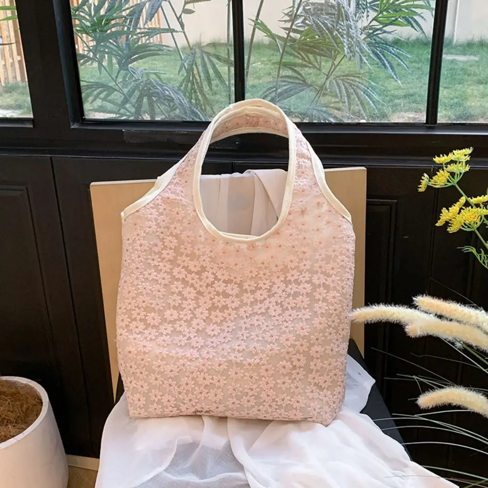 

Sweet Solid Color Floral Tote Bag Lace Korean Style Underarm Bag Large Capacity Ballet Style Canvas Shoulder Bag Outdoor