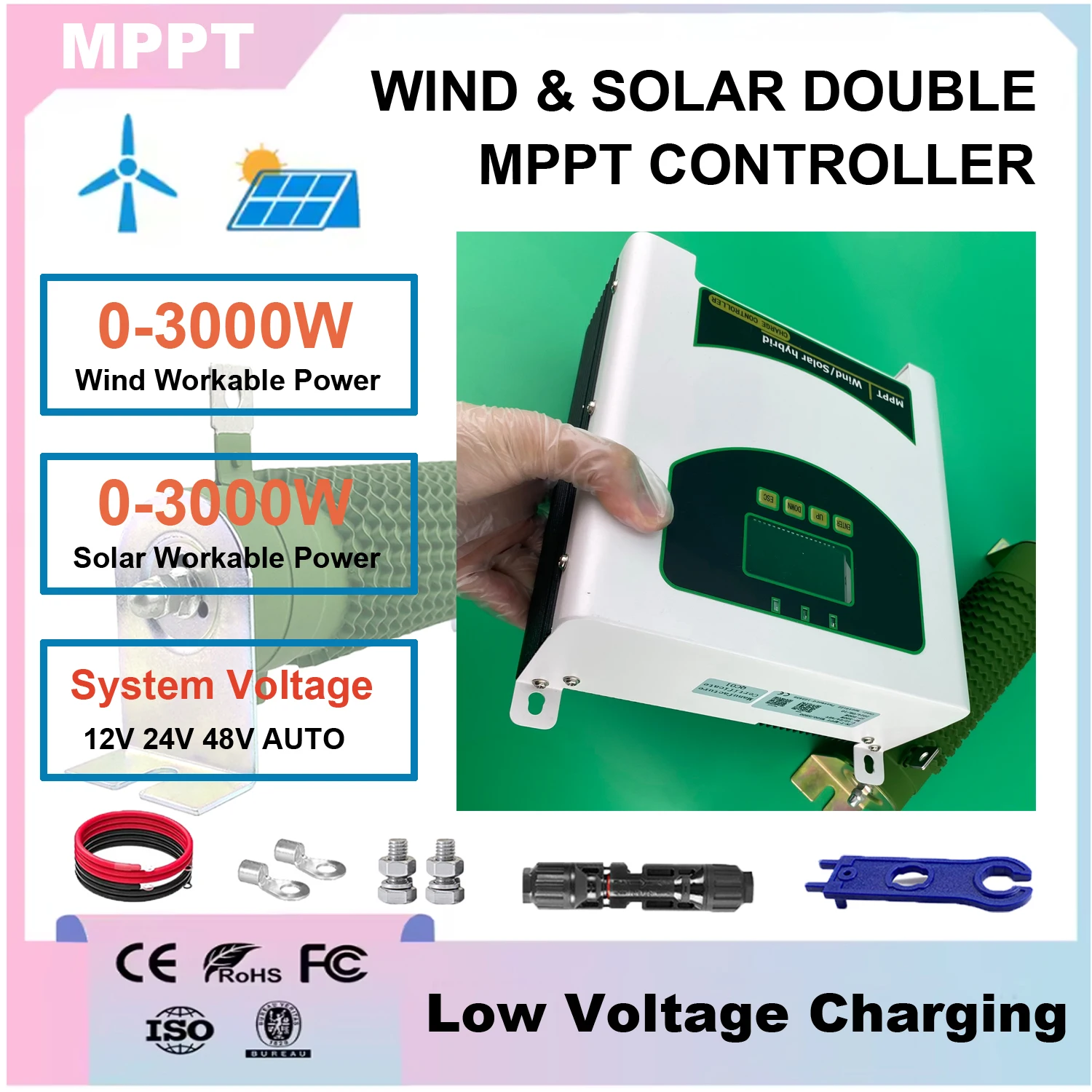 

12V 24V 48V 3000W Wind Solar Hybrid Charge Controller, wifi MPPT Charge for Solar Panel Wind Turbine, Lithium Lead Acid Battery
