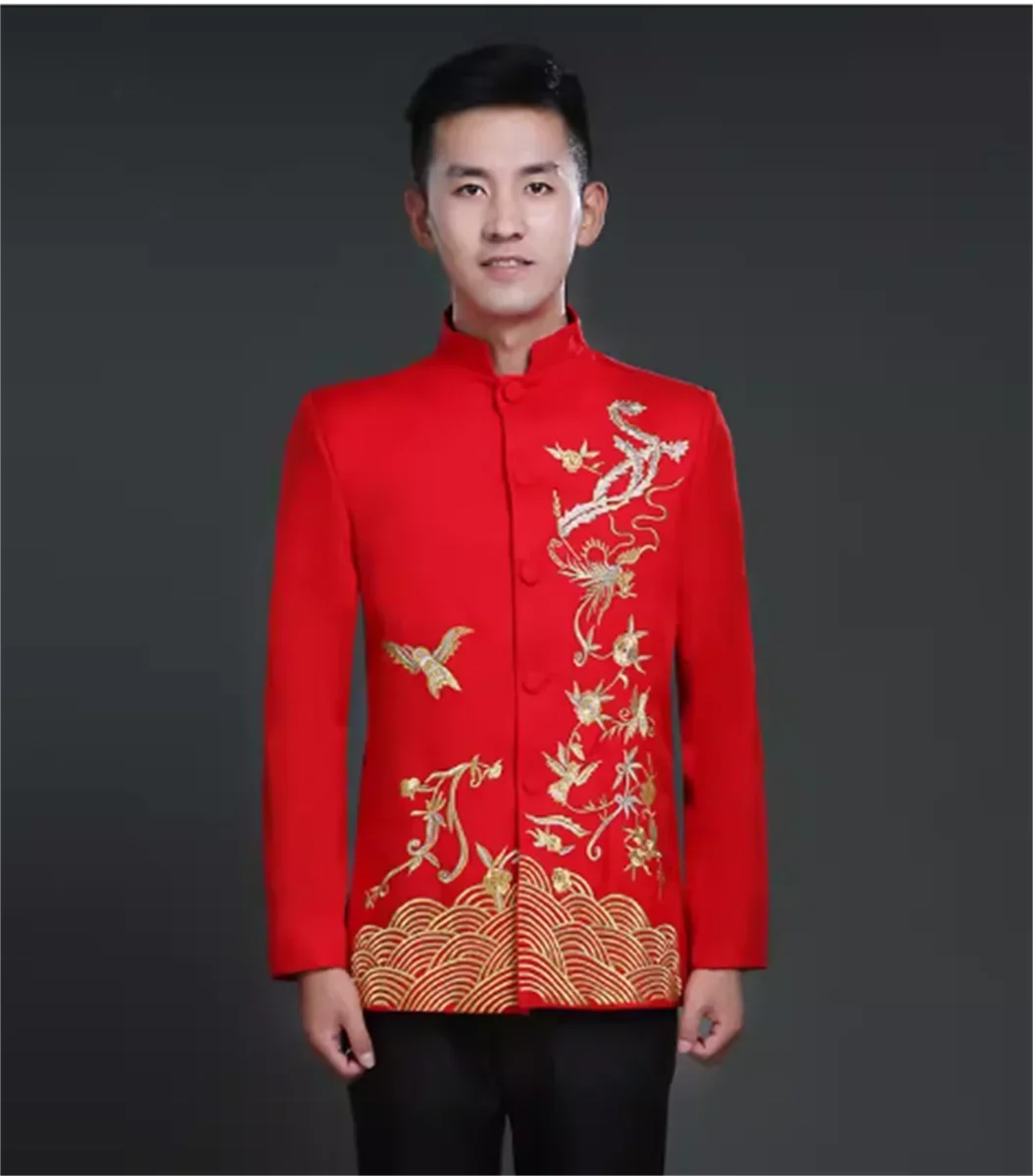 

Traditional Chinese Jacket Groom Tang Vintage Clothing Wedding Men Red Coat Embroidery Zhongshan Blazer