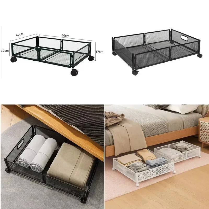 Foldable Wrought Iron Under Bed Storage Rack with Wheels for Clothes and Sundries Organization Space Saving Solution
