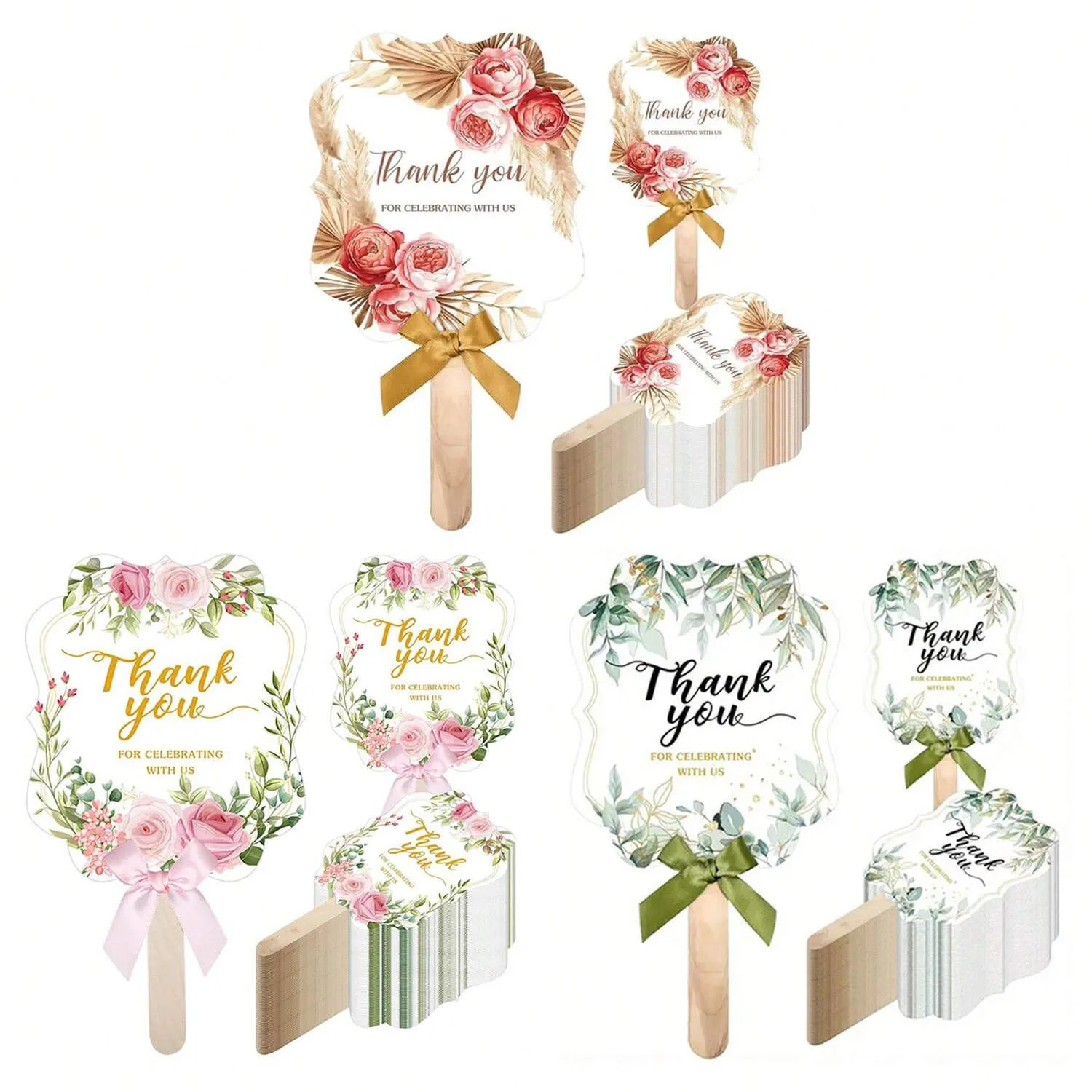 Elegant Wedding Fan Set with Wooden Handles Ribbons For Bridal Dances,Birthday Party Anniversary Parties Decor Gift for Wedding