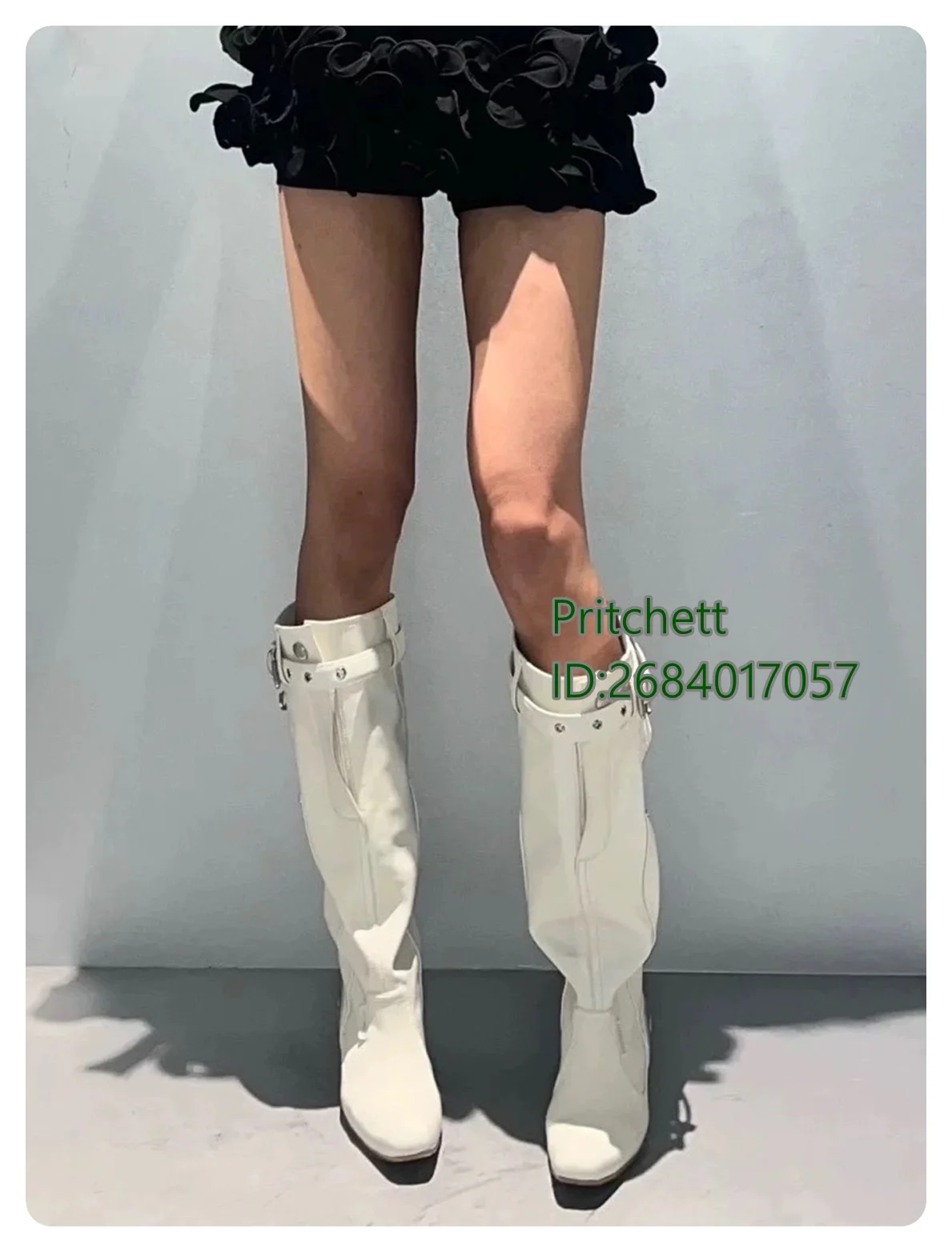 Strange Heels Pleated Knee High Boots Vintage Western Cowboy Boots Square Toe Solid Buckle Hot Girl 2024 New Arrivals Flats