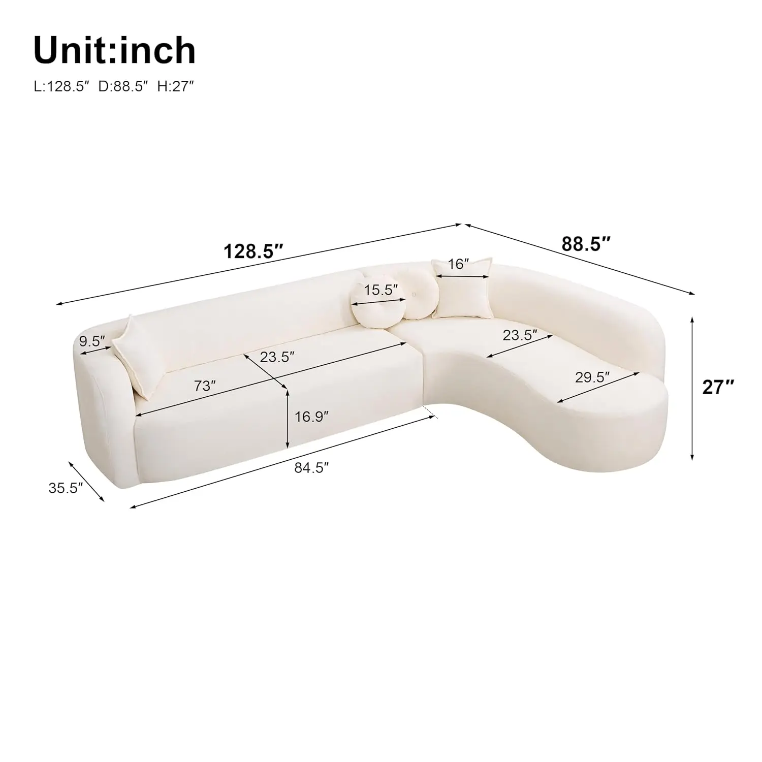 Curved Sectional Sofa with Chaise, 128