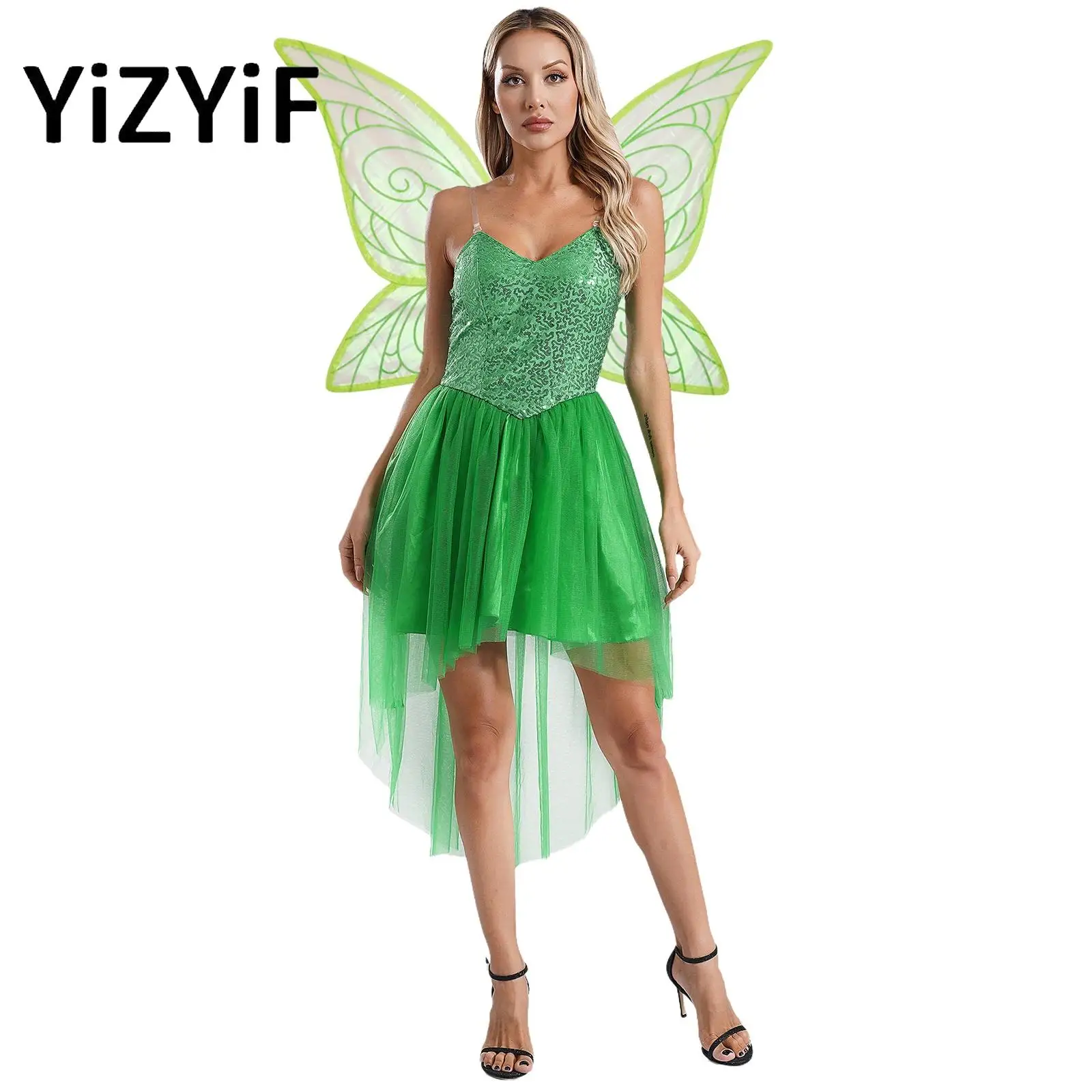 

Women Dress-up Tulle Hem Dress with Butterfly Wings Sleeveless Sequin High-low Fairy Elf Cosplay Costume Set for Party Halloween