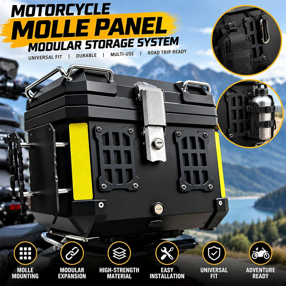 Motorcycle MOLLE Panel Quick Mount Tactical Storage Rack Modular Organizer Board for 28L-100L Top Case Side Luggage Box
