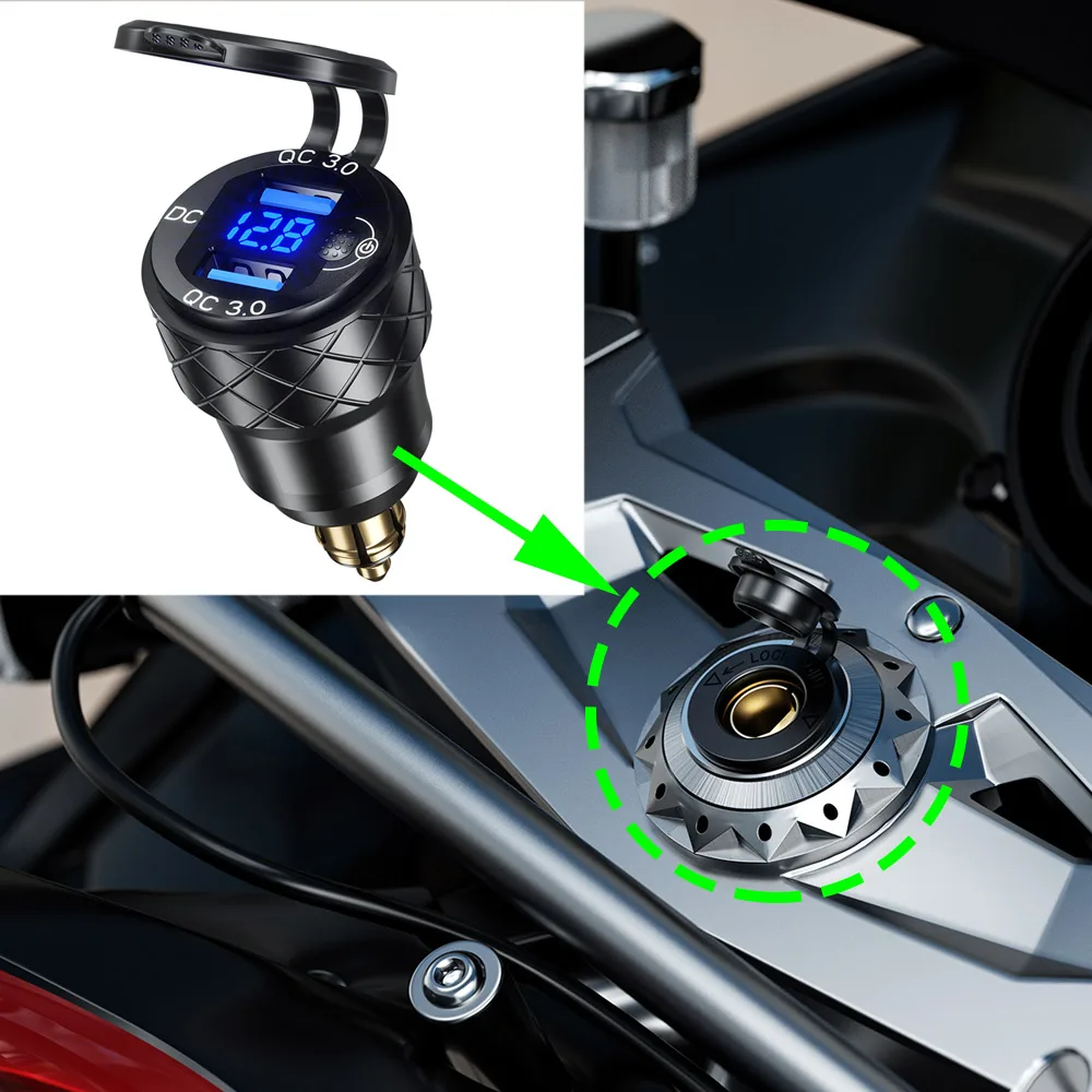 Aluminum Alloy Dual QC3.0 USB Charger Motorcycle Moto USB Power Adapter Voltmeter Switch for BMW Triumph Tiger Ducati DIN Socket