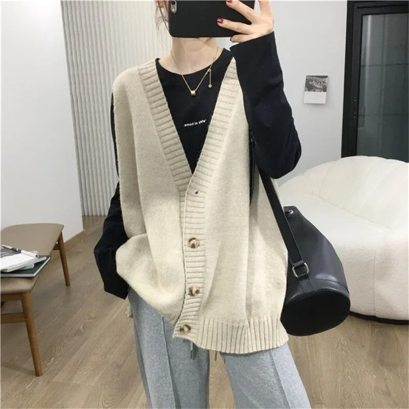 Rompi Sweater mode mantel wanita baru longgar V-neck rompi wanita musim gugur musim dingin warna Solid rajutan mode rompi longgar atasan E4657