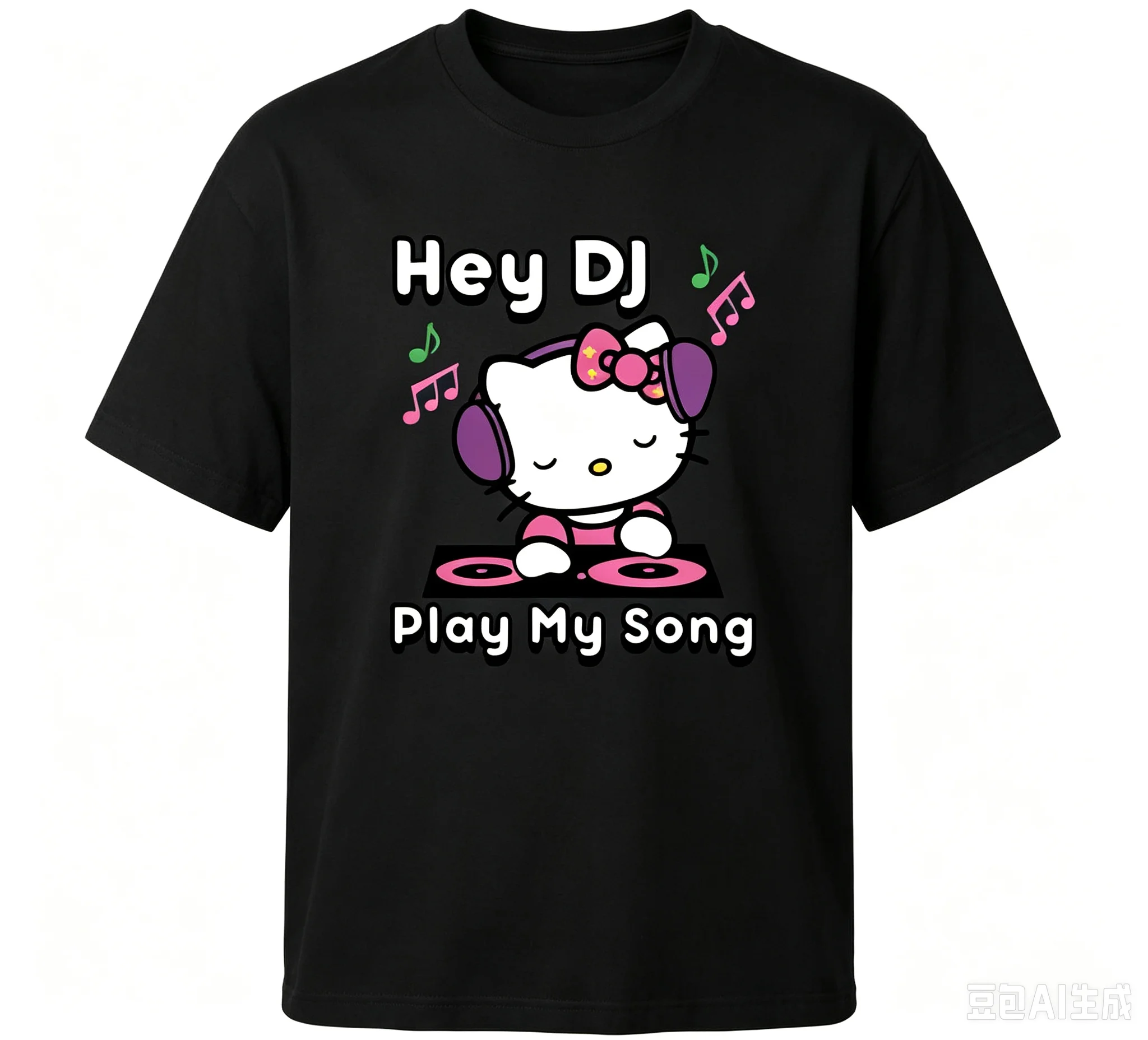 2026 Hello Kitty, DJ Playing My Song, T-shirt Music, Retro Cartoon, Comfortable Retro Pattern, Short Sleeved Shirt Y2k