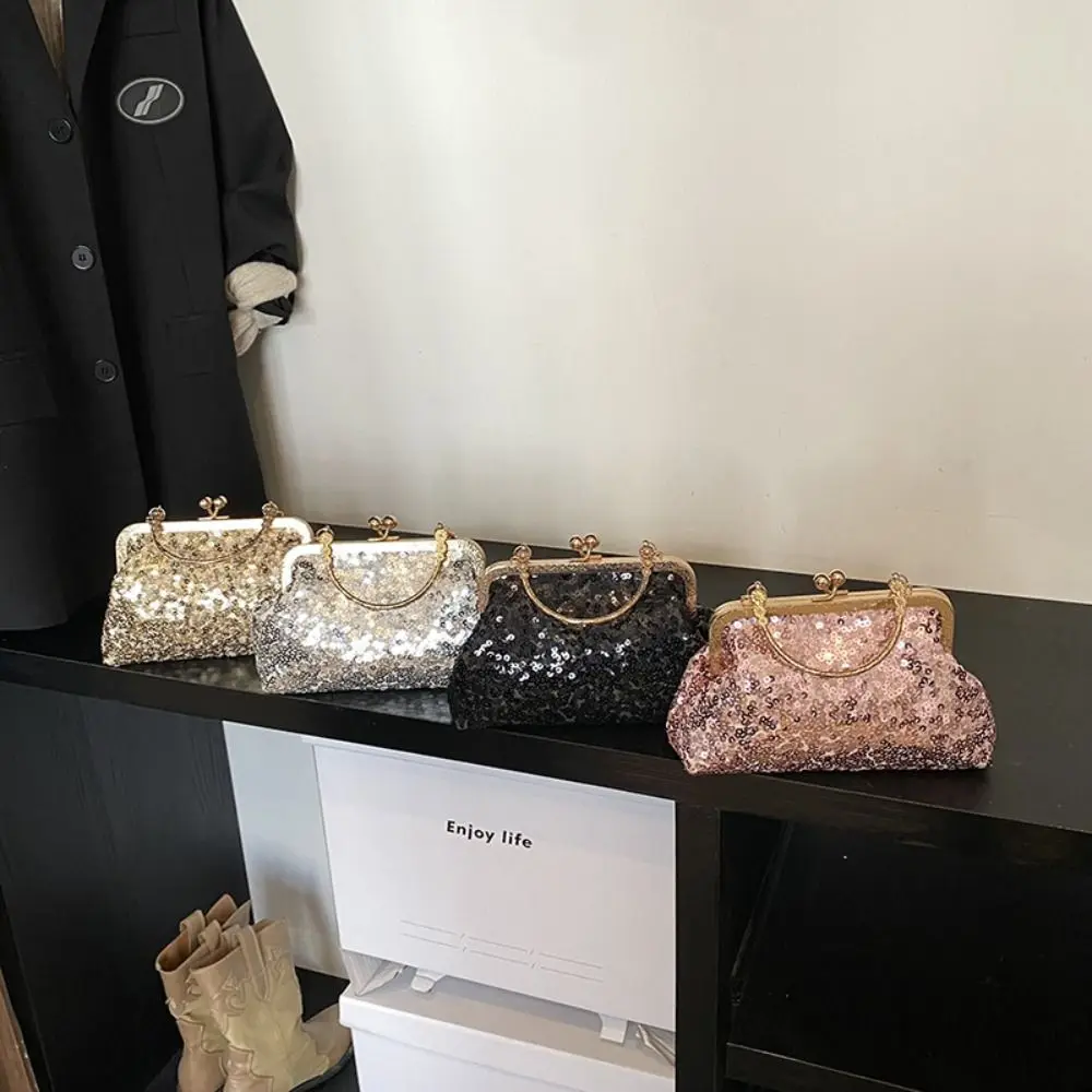 

New Elegant Sequins Dinner Handbag Top Handle Chain Strap Evening Clutch Bag Luxury Bling Bridal Banquet Bag Wedding
