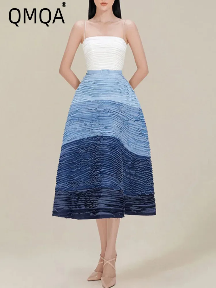 

QMQA Fashion Women's Elegant Party Denim Dresses Gradient Color Patchwork Pleated Belt Waist Evening Dresses 2024 New 1A245