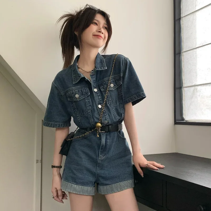 Pop Sommer Neue Stil Arbeitskleidung Denim Overall Shorts Für Frauen Mit EINEM Gürtel Taille Für Abnehmen Wirkung Gerollt Rand Breite Bein Hose