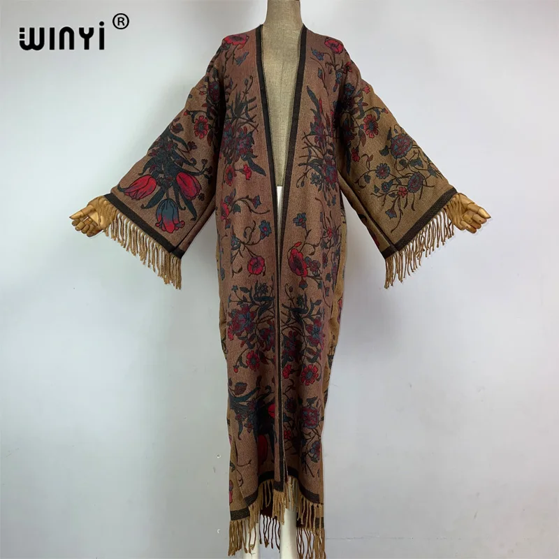 WINYI winter autumn catwalk coat for women fashion print tassel Luxury Long OverCoat Thick Warm long down coat fashion jacket