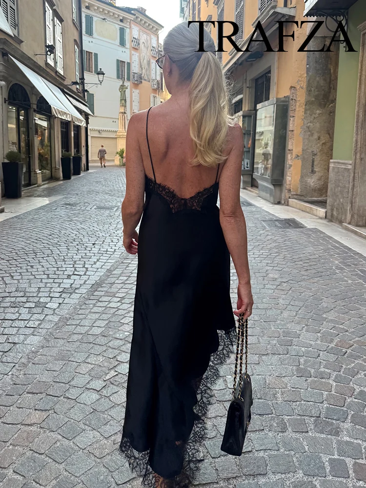

HH Women's New Fashion Chic 3-Color Dress Black Sleeveless Backless Lace Decoration Female Summer Sexy Slim Asymmetric Dress