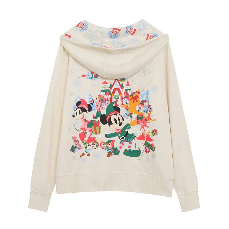 Disney Christmas Fleece Hooded Sweatshirt Women Zip Up Hoodies Jacket Minnie Mickey Daisy Donald Duck Cartoon Casual Jumper Tops