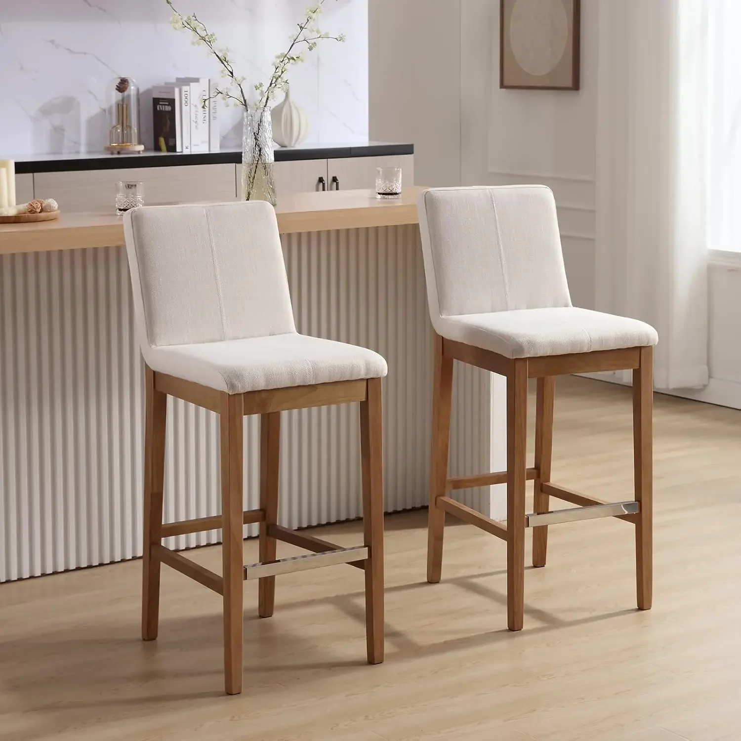

Bar Stools Set of 2, Mid-Century Modern 30" Bar Height Stool with Back & Footrest Comfy Linen Fabric Barstool Upholstered Chairs