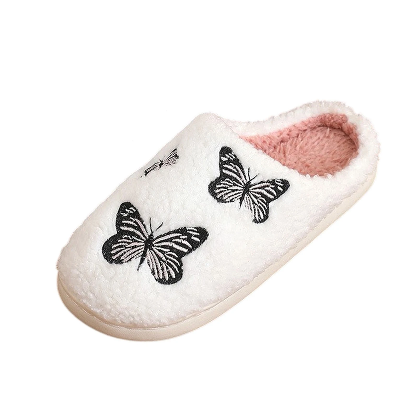 SHAJI Unisex Plüsch-Baumwoll-Hausschuhe mit Drei-Schmetterling-Stickerei, Warme TPR-Sohle, Rutschfeste Indoor-Hausschuhe für Herbst und Winter – Detail 2