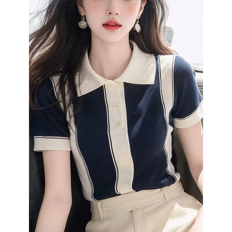 Summer Ice Line Knitted Short Sleeve T-Shirt Turn-down Collar Striped Base Layer Top Korean Style Fashion Women's Polyester