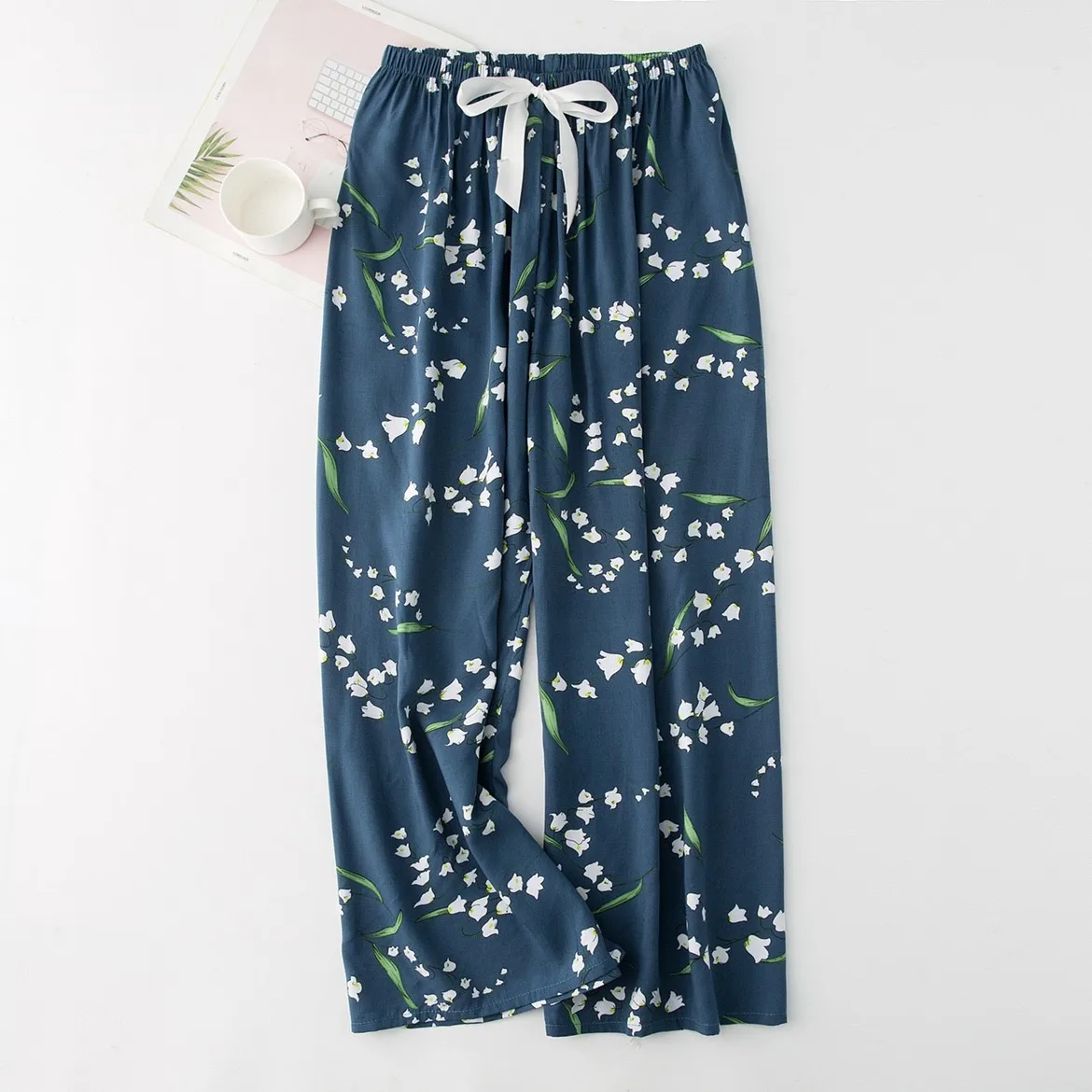 Cute Women Loose Pajama Pants Summer Lounge Trousers Floral Print Casual Stretch Waist Drawstring High Waist Pants Home Pants