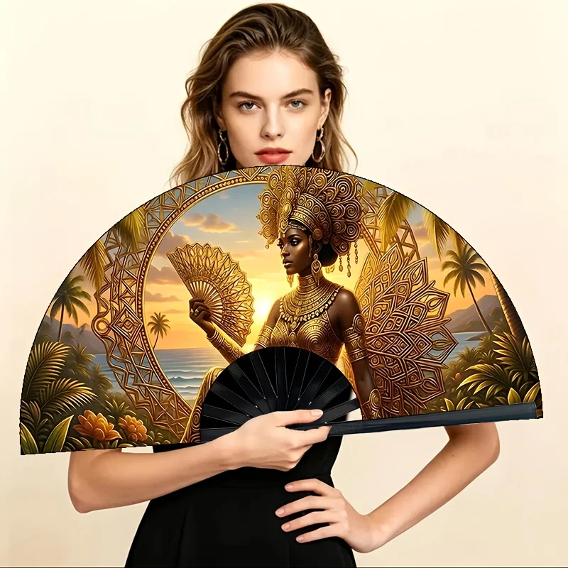 Golden Tribe Ladies Folding Fan, Exotic Retro Style Handheld Fan, Suitable for Outdoor Activities, Parties, Gatherings, Weddings, And Cultural Events.Ladies' Fashion Additions