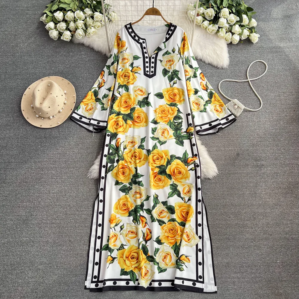 

Women Dress Long Dresses Loose Casual Print Floral Regular Elegant Beach Splice Vestidos Summer Dot Flare Sleeve V Neck A Line