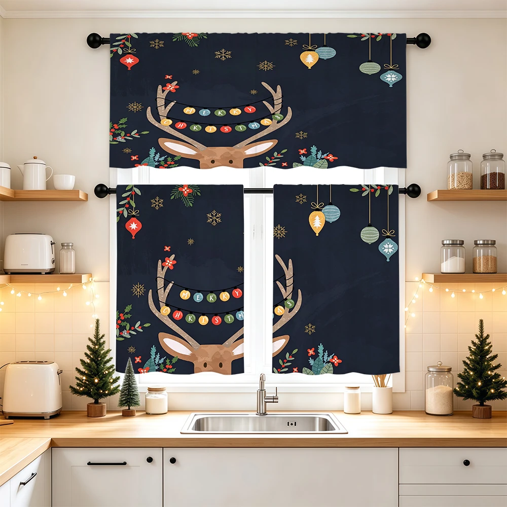 Christmas Kitchen Curtains, Black Deer Greeting Ball Holly, Digital Print, Kitchen Dining Room, Rod Pocket Polyester, Home Decor
