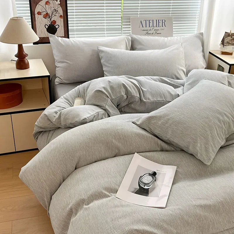 European Solid Color Pinstripe Bedding Set Skin-Friendly Soft Quilt Cover Kit with Sheets Luxury Cozy Bed Linens for Naked Sleep